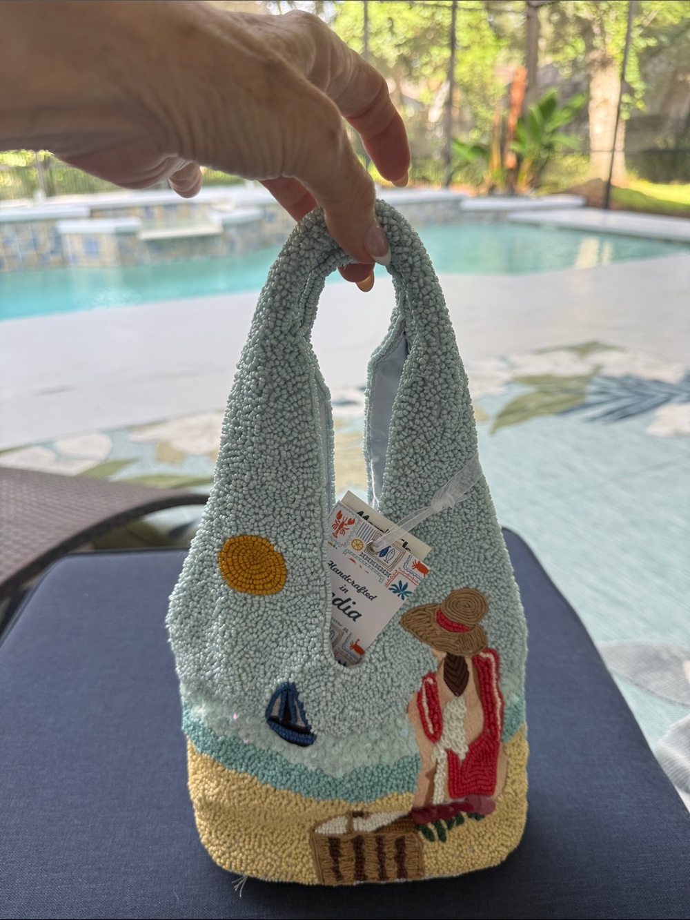 Embroidered Beach Terry Tote in Light Blue and Tan